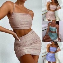 Sexiga Backless Chain Sling Crop Top + High Waist Kjol i två delar