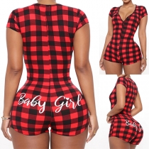 Sexig V-ringad kortärmad Slim Fit Pläd Romper