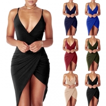 Sexig Rygglös Djup V-ringad Oregelbunden Kant Slim Fit Sling Klänning