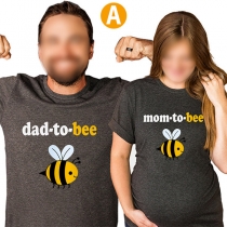 Söta Bee/Dinosauriebokstäver Tryckta Kortärmade Rundhalsade Par T-shirt