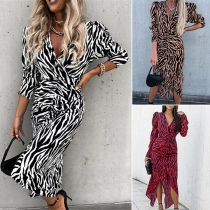 Sexy Backless Deep V-neck Irregular Hem Long Sleeve Zebra-stripe Printed Dress