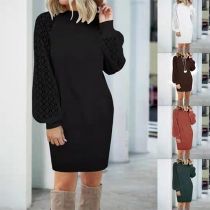 Fashion Solid Color Lace Spliced Lantern Sleeve Mock Neck Knit Shift Dress