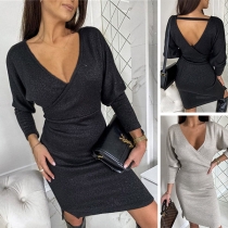 Sexy Backless V-neck Dolman Sleeve Solid Color Slim Fit Dress