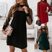 Sexy Sheer Gauze Spliced Long Sleeve Mock Neck Solid Color Dress