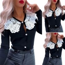Sweet Style Lace Spliced Collar Long Sleeve Solid Color Slim Fit Top