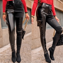 Fashion Solid Color High Waist Side-pocket Slim Fit PU Leather Pants