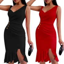 Sexy V-neck Sleeveless Slit Fishtail Hem Solid Color Slim Fit Dress