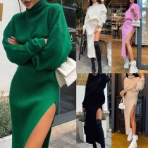 Fashion Solid Color Long Sleeve Turtleneck Sweater + Side Slit Hem Knit Skirt Two-piece Set