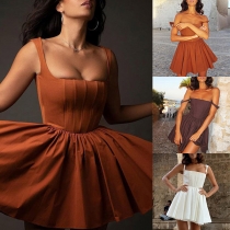Sexy Solid Color Square Neckline High Waist Sleeveless Dress with Pleated Hemline