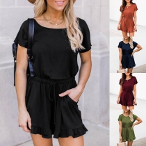 Casual Romper with Ruffle Hemline and Side Slanted Pockets Waist Drawstring