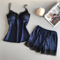 Sexy Backless V-neck Lace Spliced Sling Top + Shorts Nightwear Set