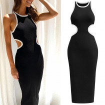 Sexy Contrast Color Round Neck Cutout Racerback Dress