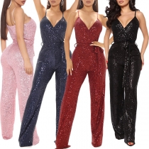 Sexy Sleeveless V-neck Bling Bling Sequin Tie-belt Slip Flared Jumpsuit