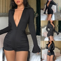Sexy Black Side-drawstring Stand Collar Deep V-neck Long Sleeve Romper