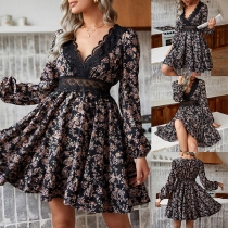 Elegant Long Sleeve V-neck Pleated Lace Dress