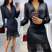 Sexy Long Sleeve V-neck High Waist Tassel Wrap Dress