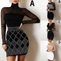 Sexy Bling-Bling Semi-through Rhinestone Stand Collar Party Dress