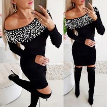 Sexy Solid Color Long Sleeve Bead Sheath Dress