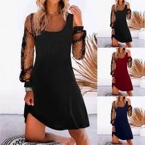 Fashion Solid Color Gauze Spliced Long Sleeve Dress