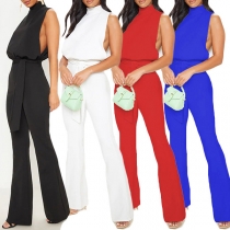 Sexy Solid Color Stand Collar Sleeveless Tie-belt Flare Jumpsuit for Daily Wear or Party Wear