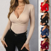 Fashion Solid Color Long Sleeve V-neck Wrap Shirt