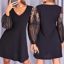 Fashion Lantern Sleeve V-neck Lace Spliced Black Dress