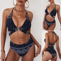 Bohemia Style Floral Printed High Waist Halter Bikini Set