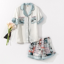 Casual Cartoon Printed Two-piece Loungewear Set