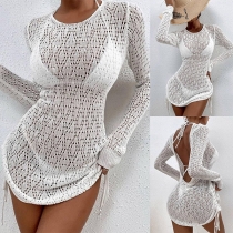 Fashion Solid Color Knit Eyelet Bikini Smock Dress