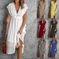 Fashion Solid Color V-neck Short Sleeve Buttoned Dress