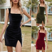 Fashion Solid Color Scoop Neck Side Slit Bodycon Dress