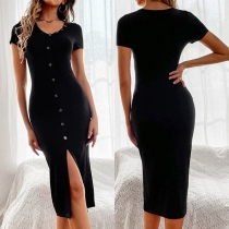 Fashion Solid Color Short Sleeve V-neck Buttoned Front Slit Bodycon Dress