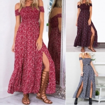 Off shoulder-klänning i boho-stil med blomtryck och slits