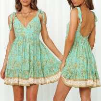 Fashion Floral Printed Backless Fit & Flared Dress