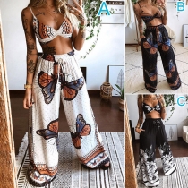 Bohemia Style Butterfly Printed Two-piece Set med Crop Top + Wide Leg Pants