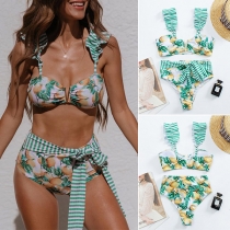 Fashion High Waist Floral Printed Ruffle Tie-belt Bikini Set