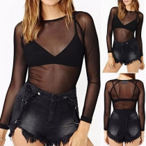 Sexy See-through Long Sleeve Round Neck Shirt