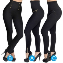 Mode högmidjade slim fit byxor leggings med knappar/dragkedja och rhinestone-detaljer (Elastisk)
