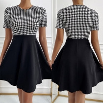 Fashion Round Neck Short Sleeve Houndstooth Mini Dress