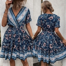 Bohemia Style Floral Printed V-neck Dress