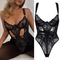 Sexy Back-tie Bowknot Cutout Lace Bodysuit Lingerie