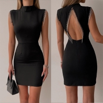 Sexy Stand Collar Backless Tassel Bodycon Dress