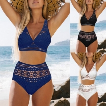 Sexy Lace Spliced Floral Cutout Bikini Set Consist of Bikini Top +High Waist Bikini Bottoms