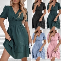Fashion Solid Color V-neck Dot Ruffle Elastic Waist A-line Dress