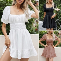 Fashion Solid Color Scoop Neck Short Sleeveless Elastic Waist Mini Dress