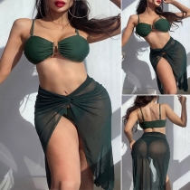 Sexy Three-piece Bikini Set consist of a Underwire Bikini Top+Bikini Bottoms+Swim Cover-Up Skirt
