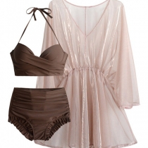 Fashion Three-piece Bikini Set consist of Underwire Bikini Top+High waist Bikini Bottoms+Swim Cover-up Dress