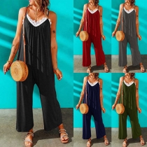 Fashion Solid Color V-neck Wide-leg Slip Jumpsuit