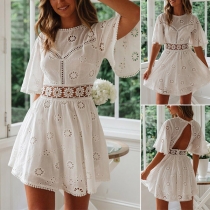 Sexy Backless Floral Cutout Trumpet Short Sleeve Backless Dress