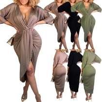Fashion Solid Color V-neck Short Sleeve Ruched Slit Dress